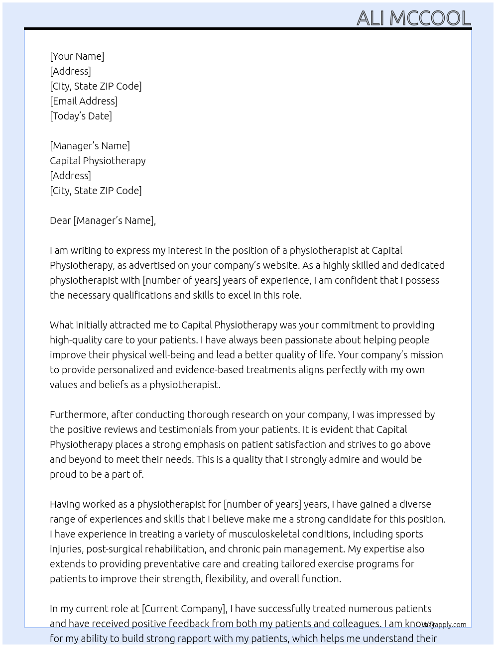 physiotherapist At capital physiotherapy Cover Letter