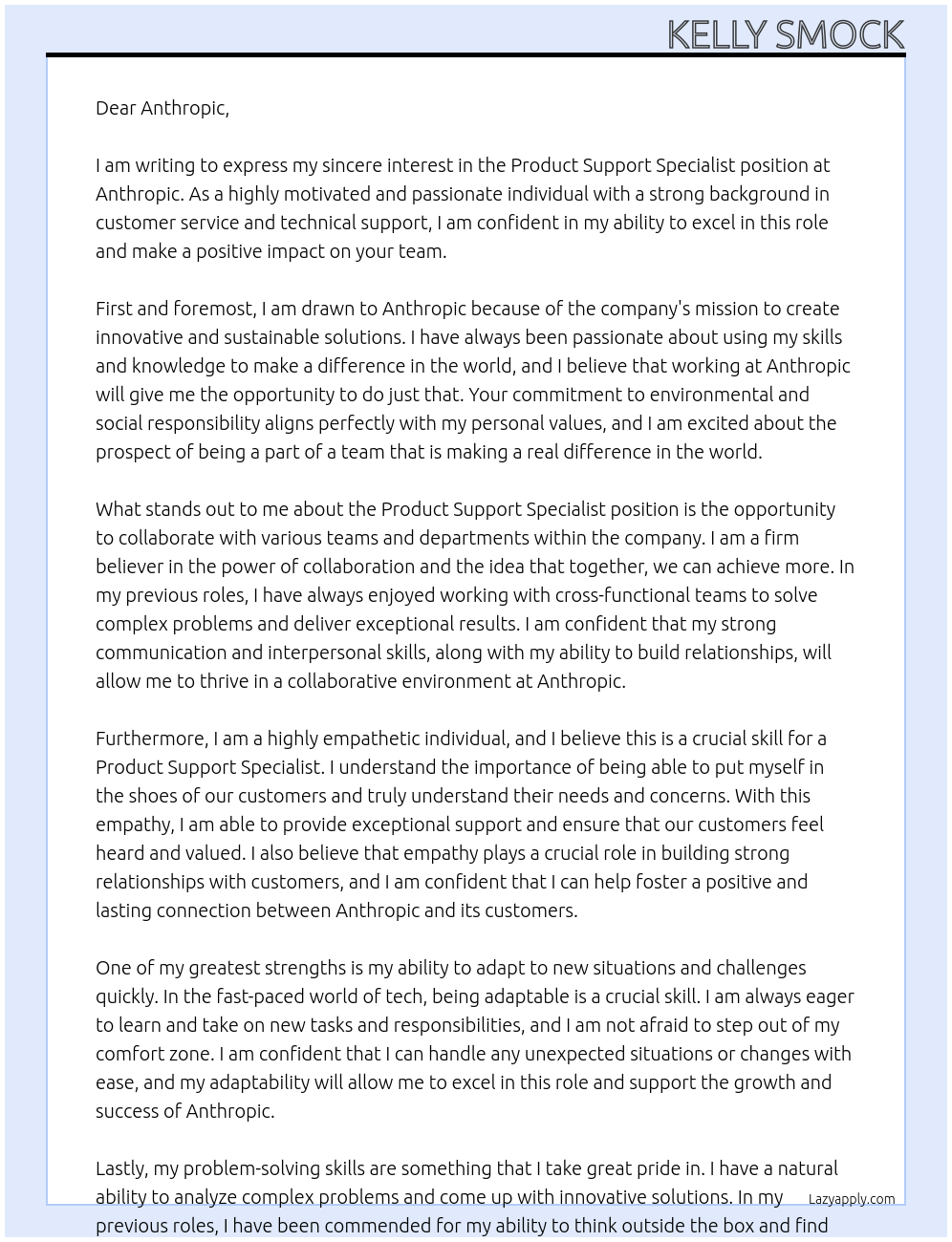 Product Support Specialist At Anthropic Cover Letter