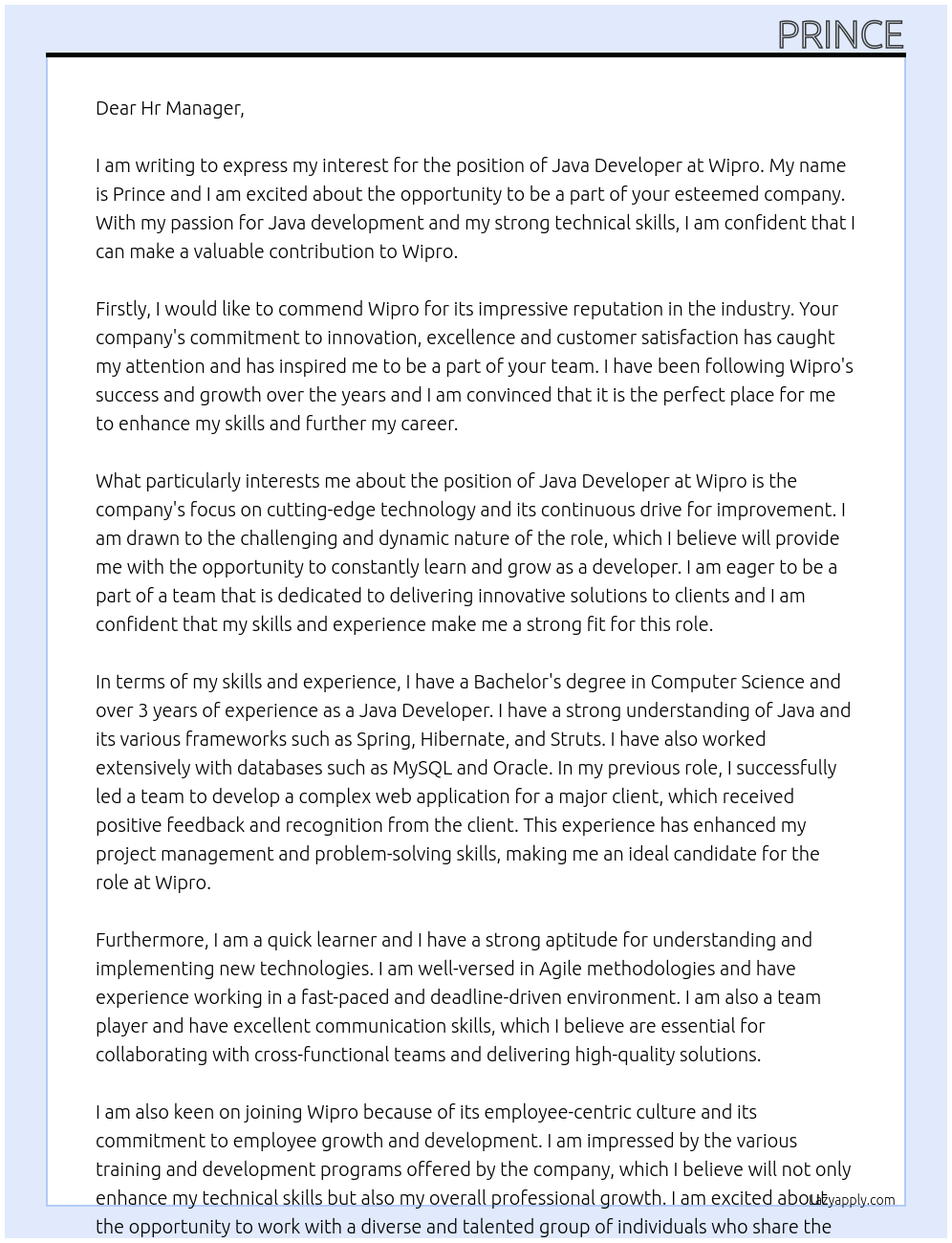 java developer At Wipro Cover Letter