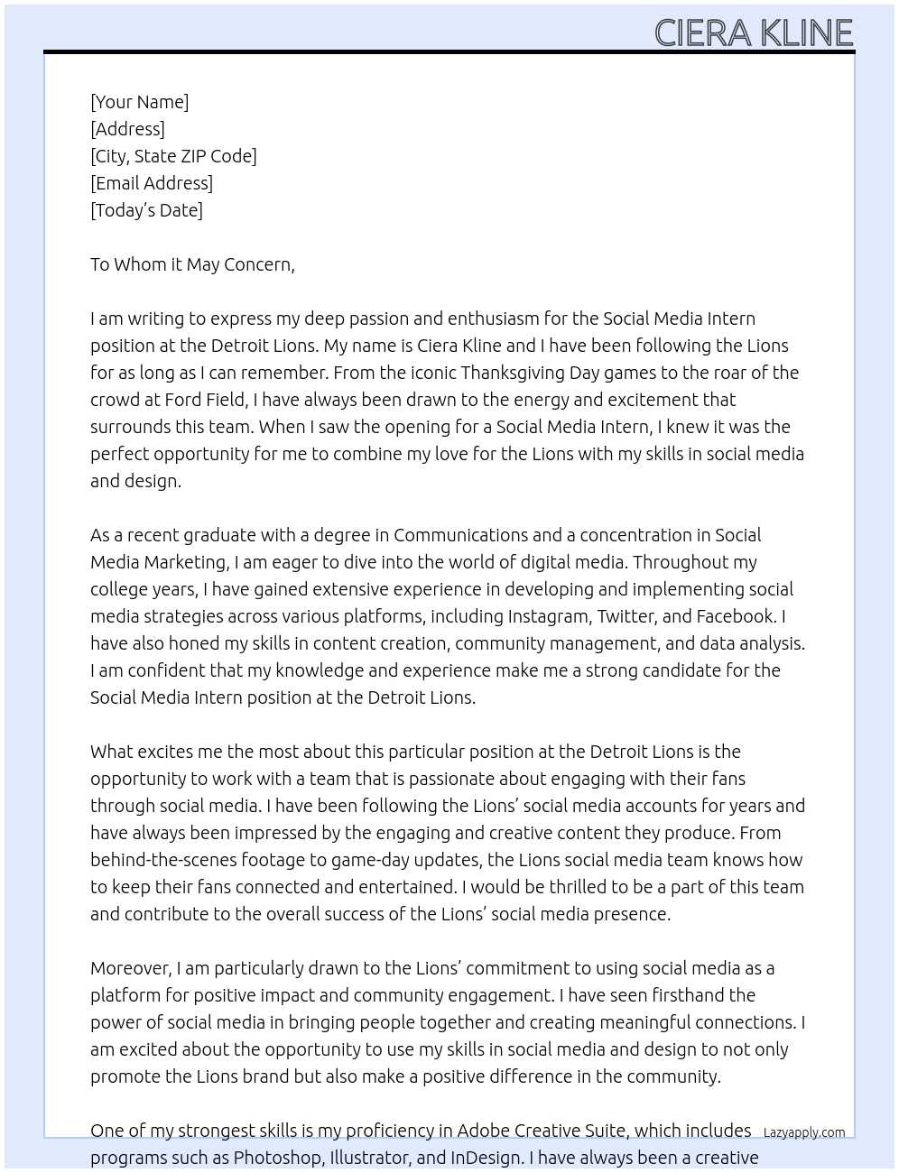 Social Media Intern At Detroit Lions Cover Letter