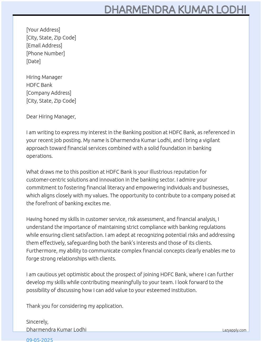 Banking At HDFC Bank Cover Letter
