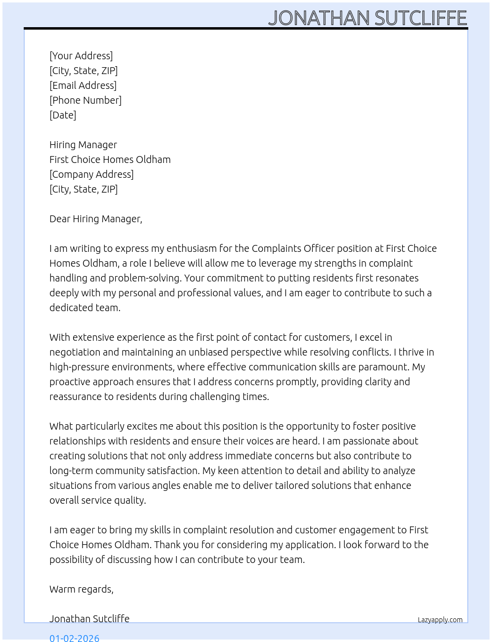 Cover letter for complaints officer - LazyApply