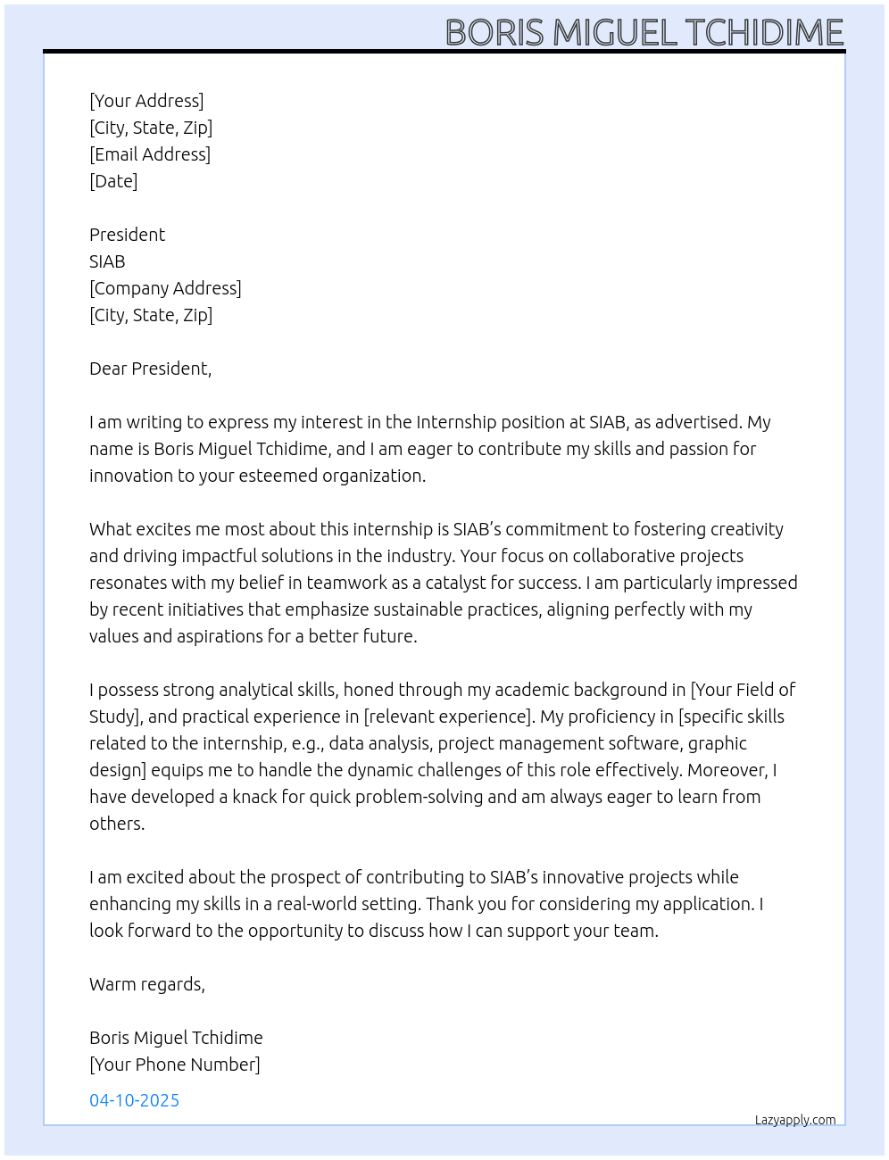 Intership At SIAB Cover Letter