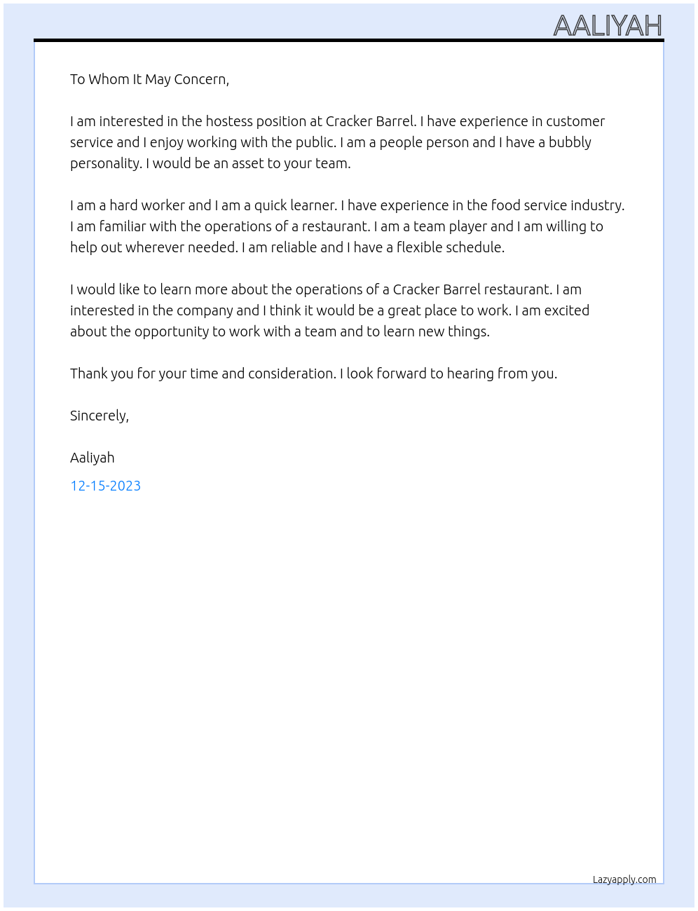 Hostess At Cracker Barrel Cover Letter