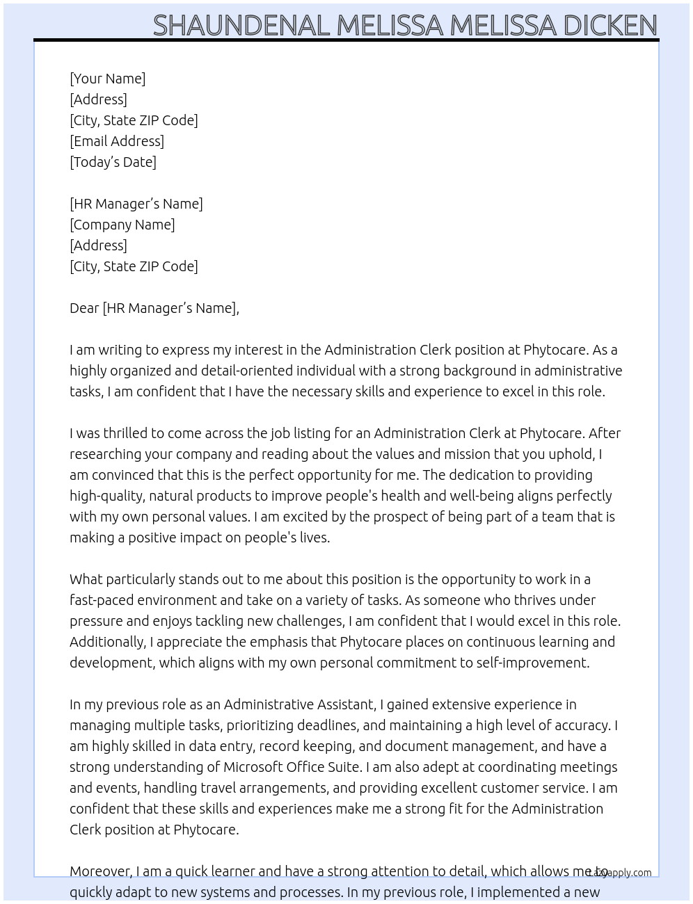 Administration Clerk At Phytocare Cover Letter