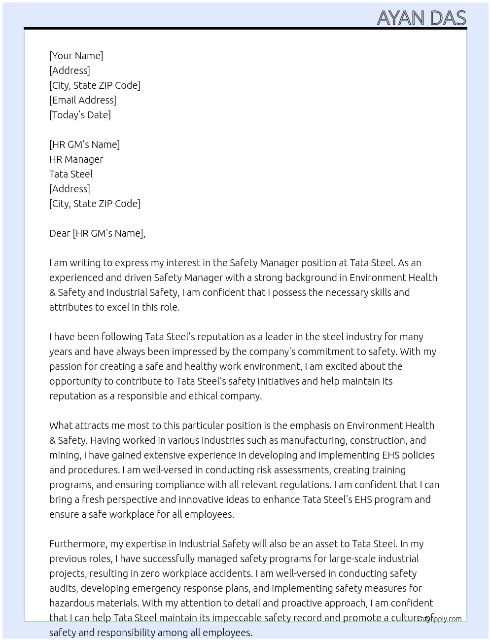 Safety Manager At Tata Steel Cover Letter