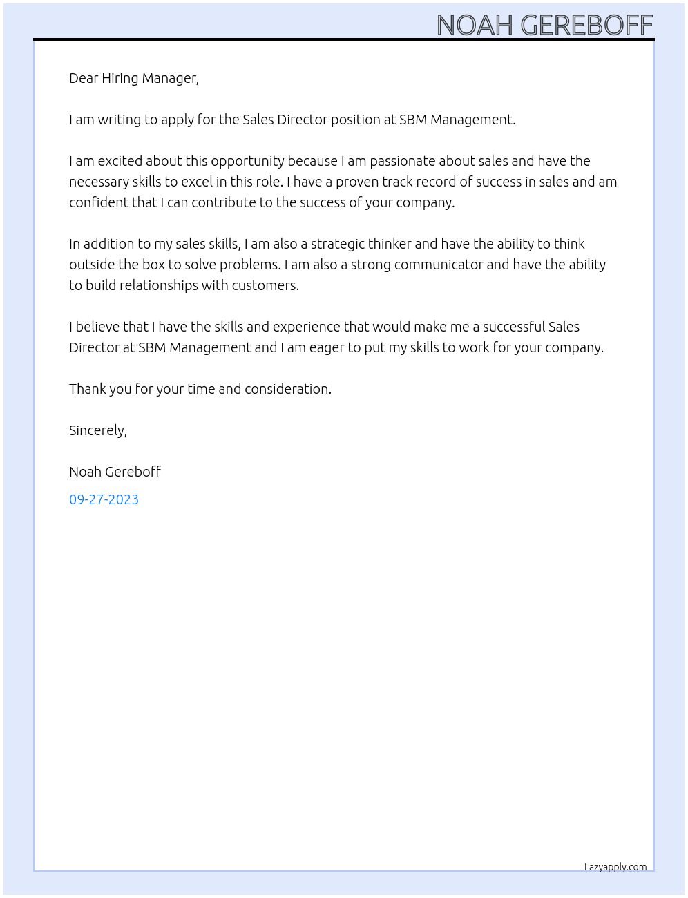 Sales Director At SBM Management Cover Letter