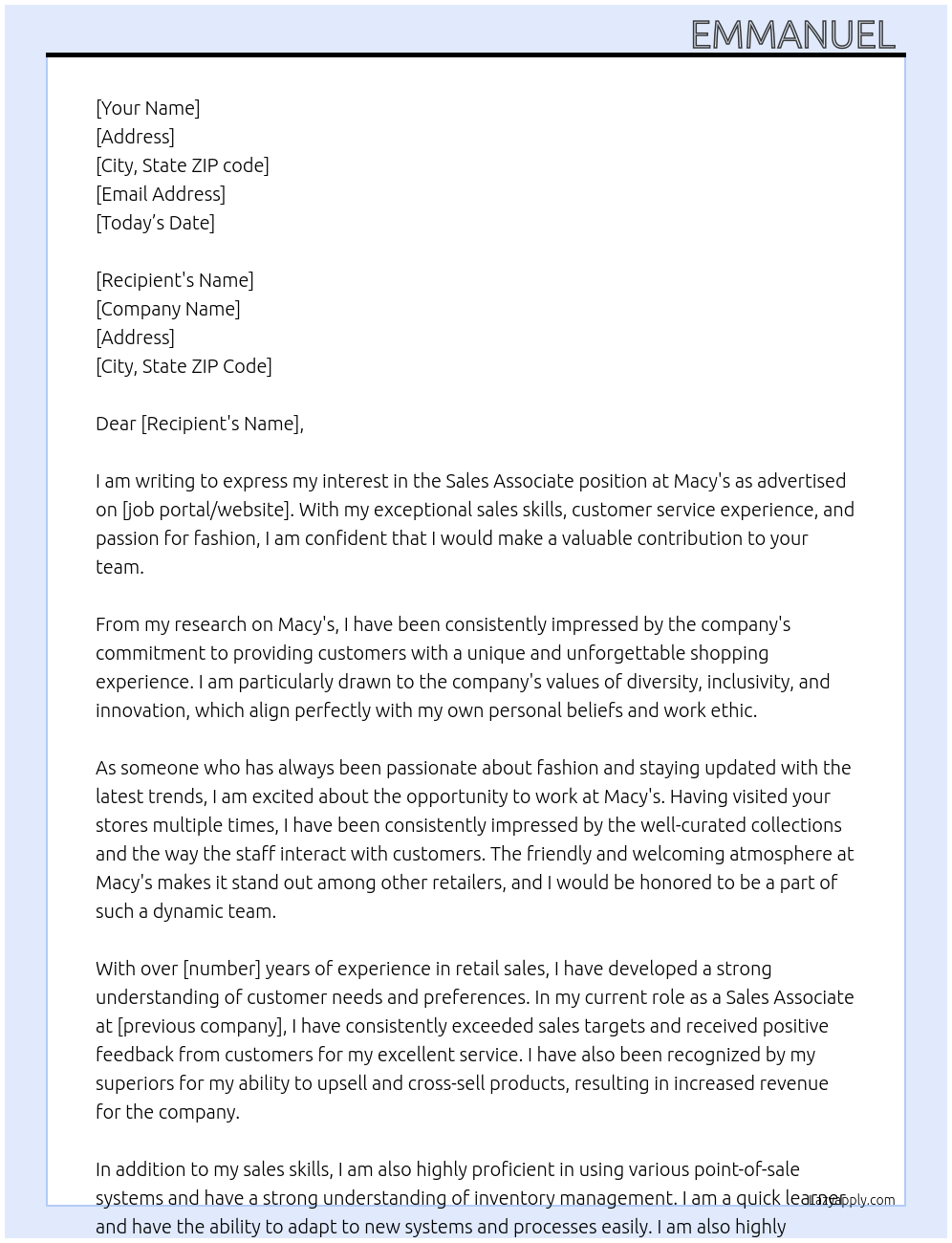 Sales associate At Macy's Cover Letter