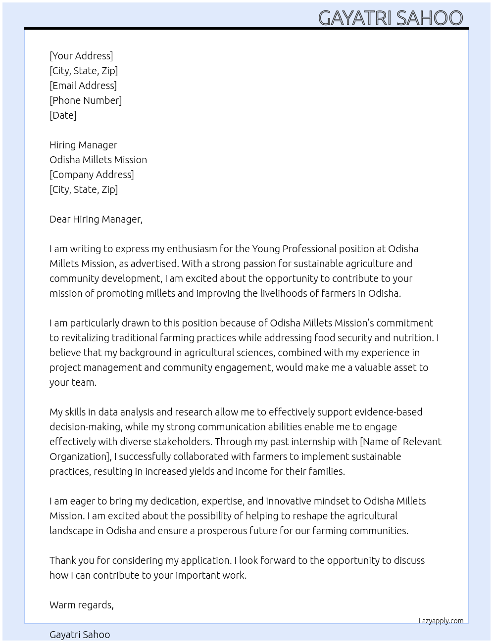Young professional At Odisha millets mission Cover Letter