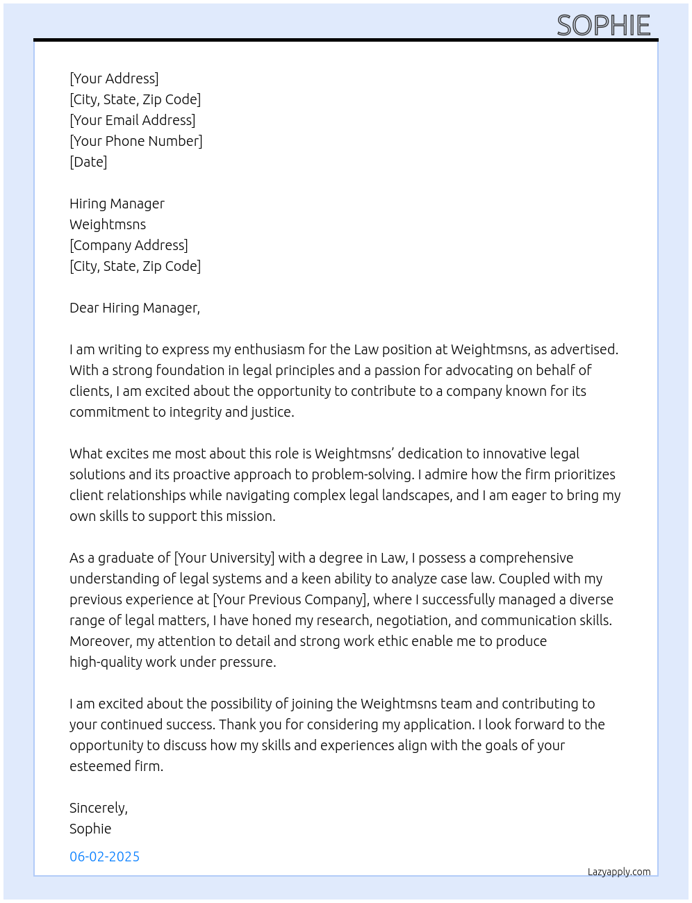Cover letter for law - LazyApply