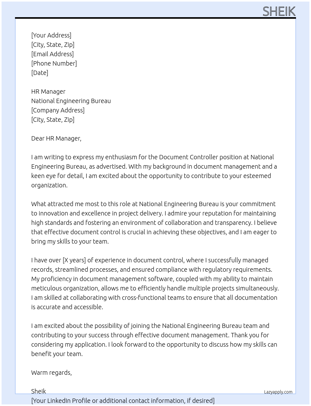 DOCUMENT CONTROLLER At NATIONAL ENGINEERING BUREAU Cover Letter