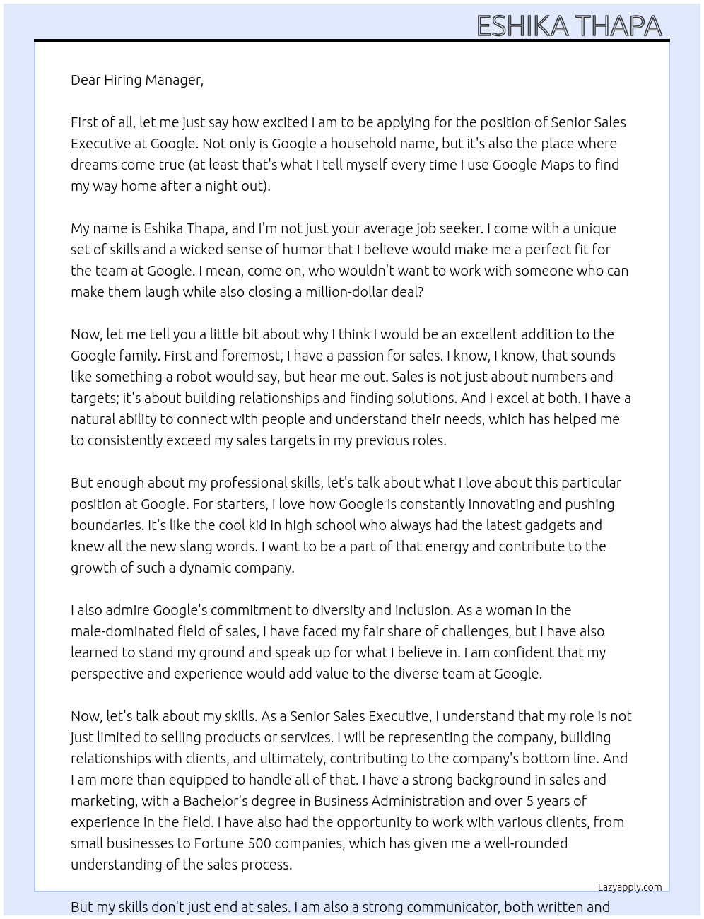 Senior Sales Executive At Google Cover Letter