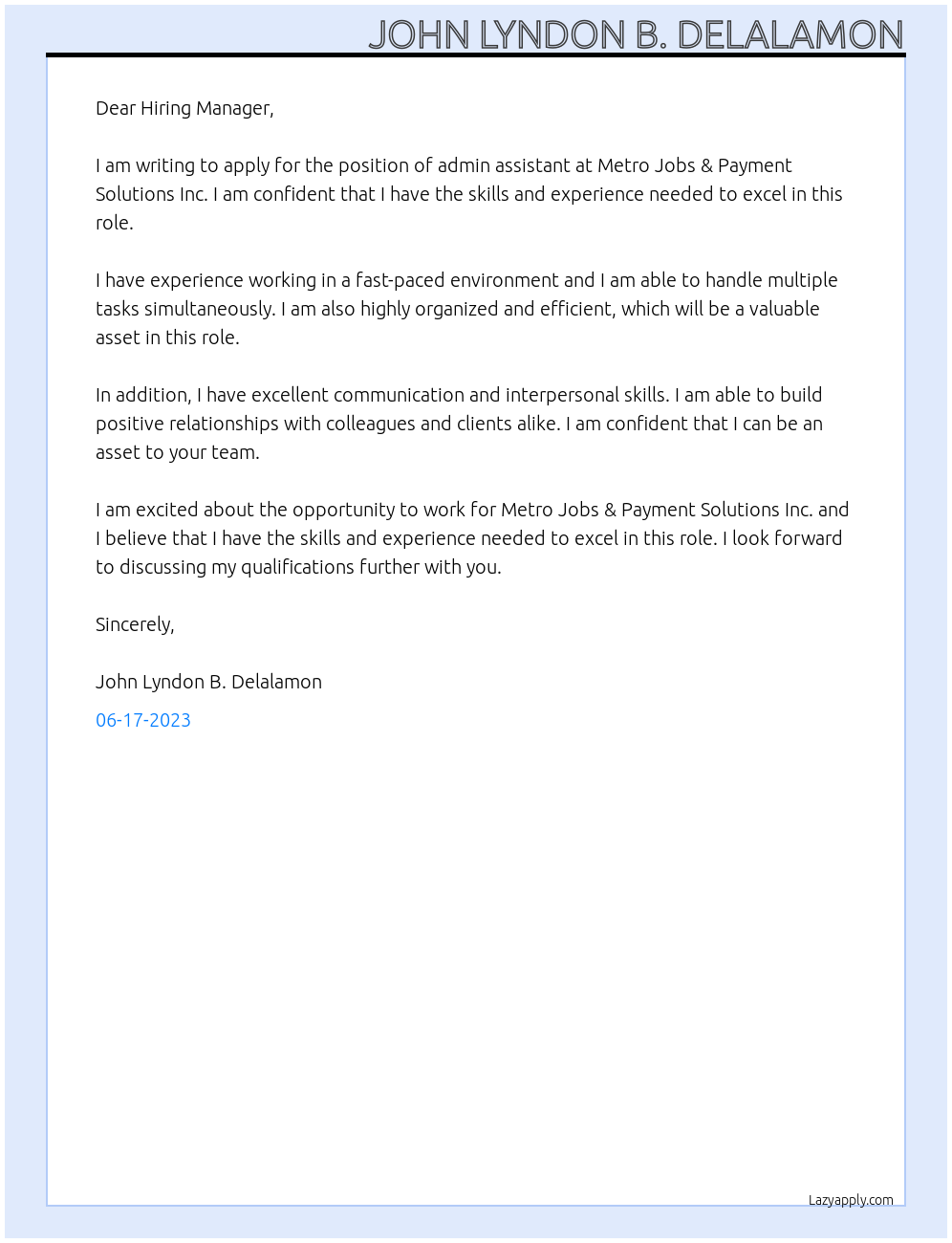 admin assistance At Metro Jobs & Payment Solutions Inc. Cover Letter