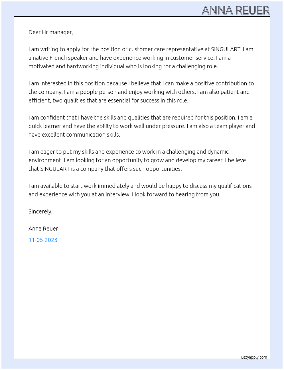 customer care representative  At SINGULART Cover Letter