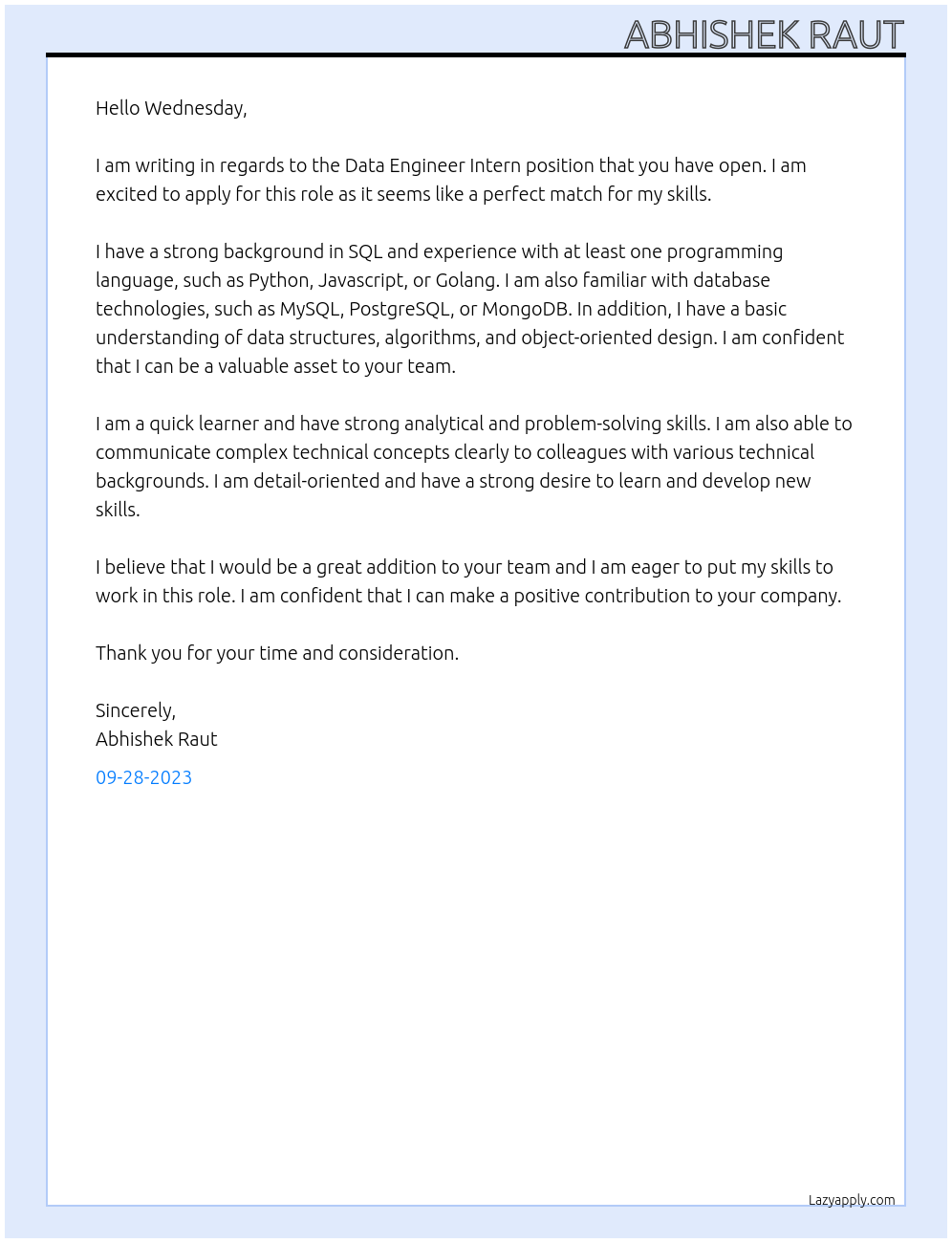 Data Engineer Intern At Wednesday Cover Letter