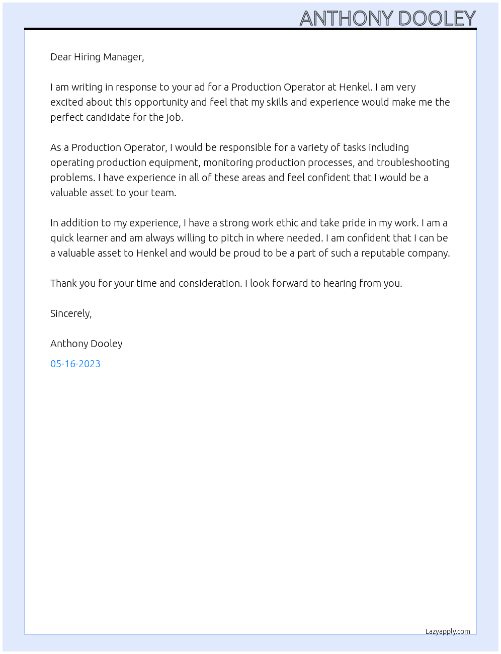 Production Operator At Henkel Cover Letter