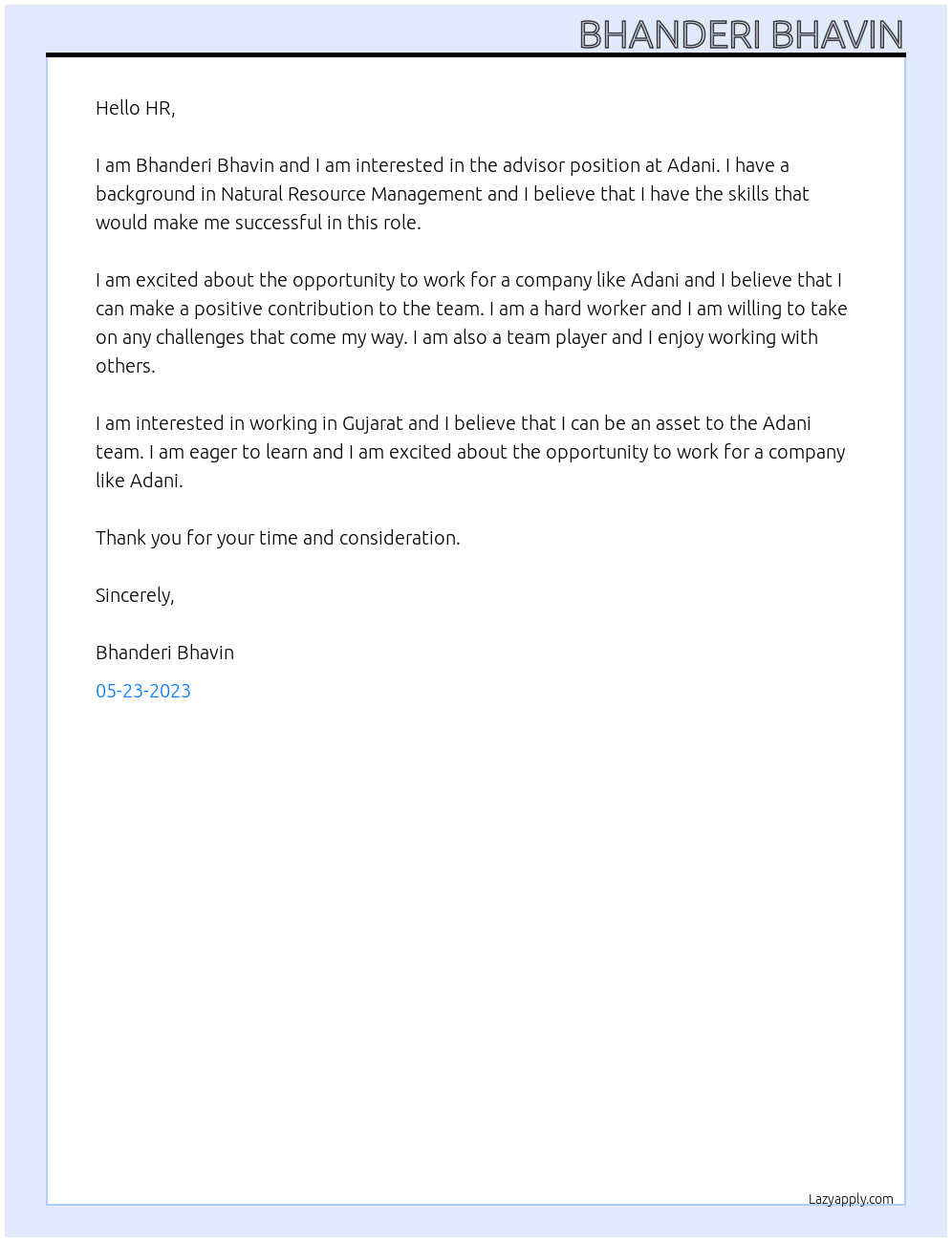 advisor At Adani Cover Letter