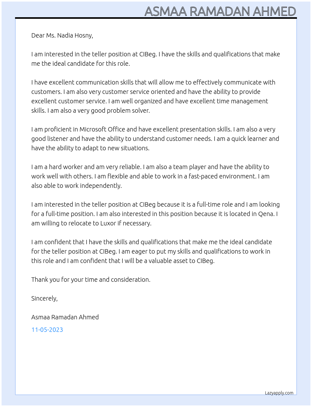 teller At CIBeg Cover Letter