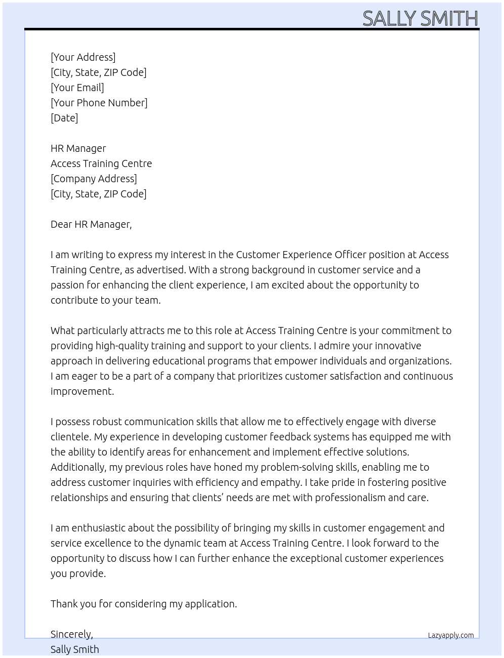 Customer Experience Officer At Access Training Centre Cover Letter