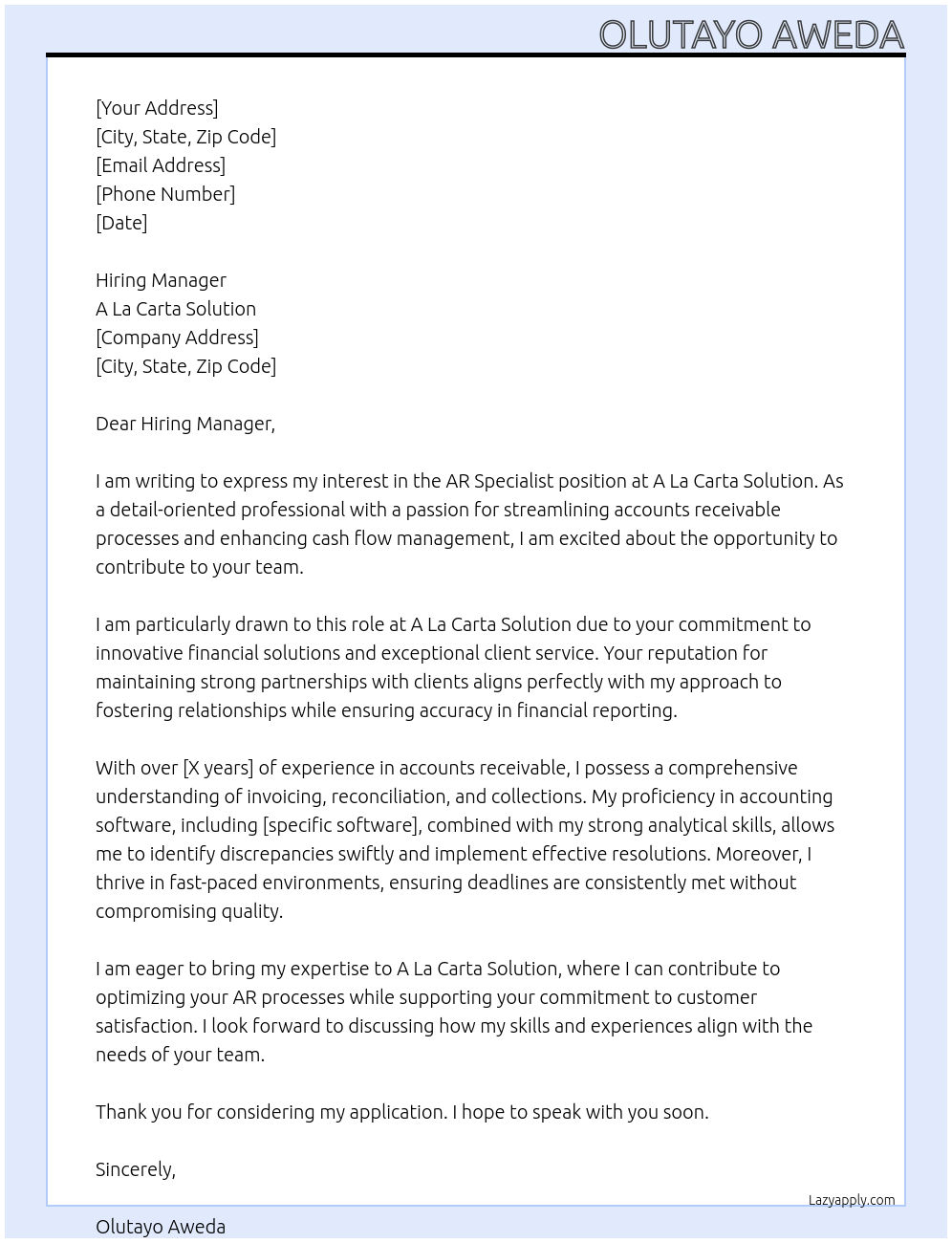 AR Specialist At A LA CARTA SOLUTION Cover Letter