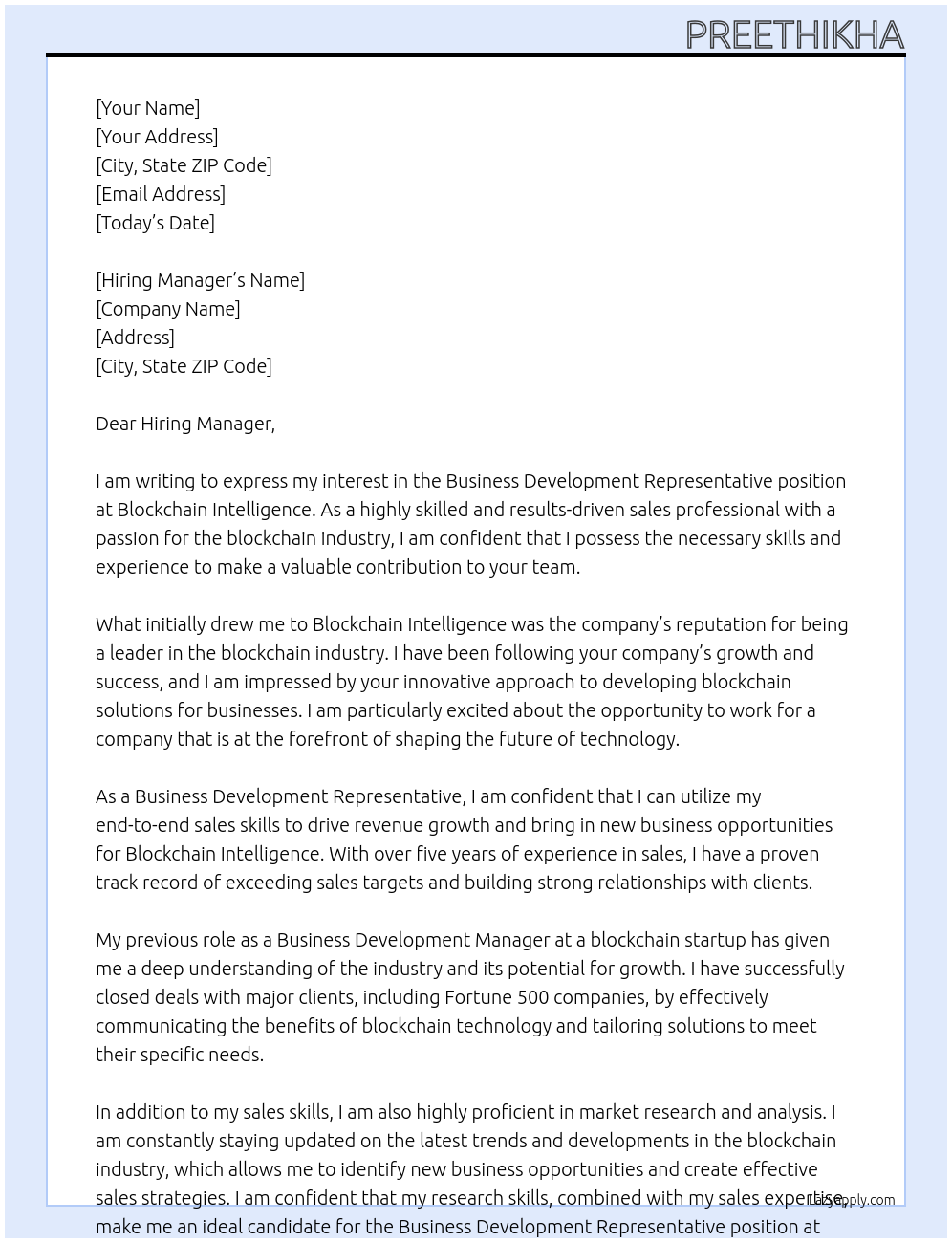 Business Development Representative At Blockchain Intelligence Cover Letter