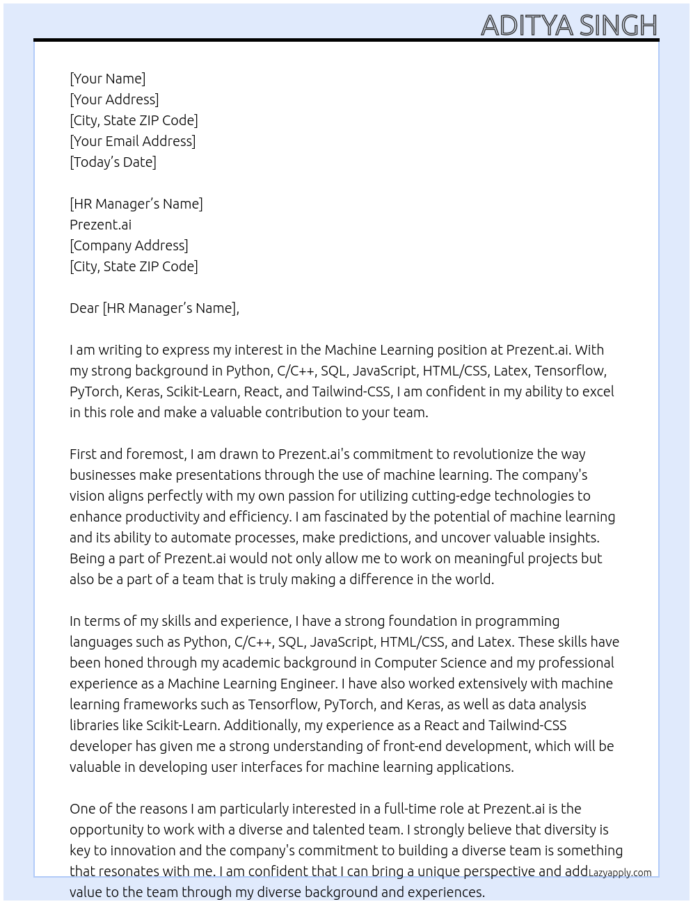 Machine Learning  At Prezent.ai Cover Letter
