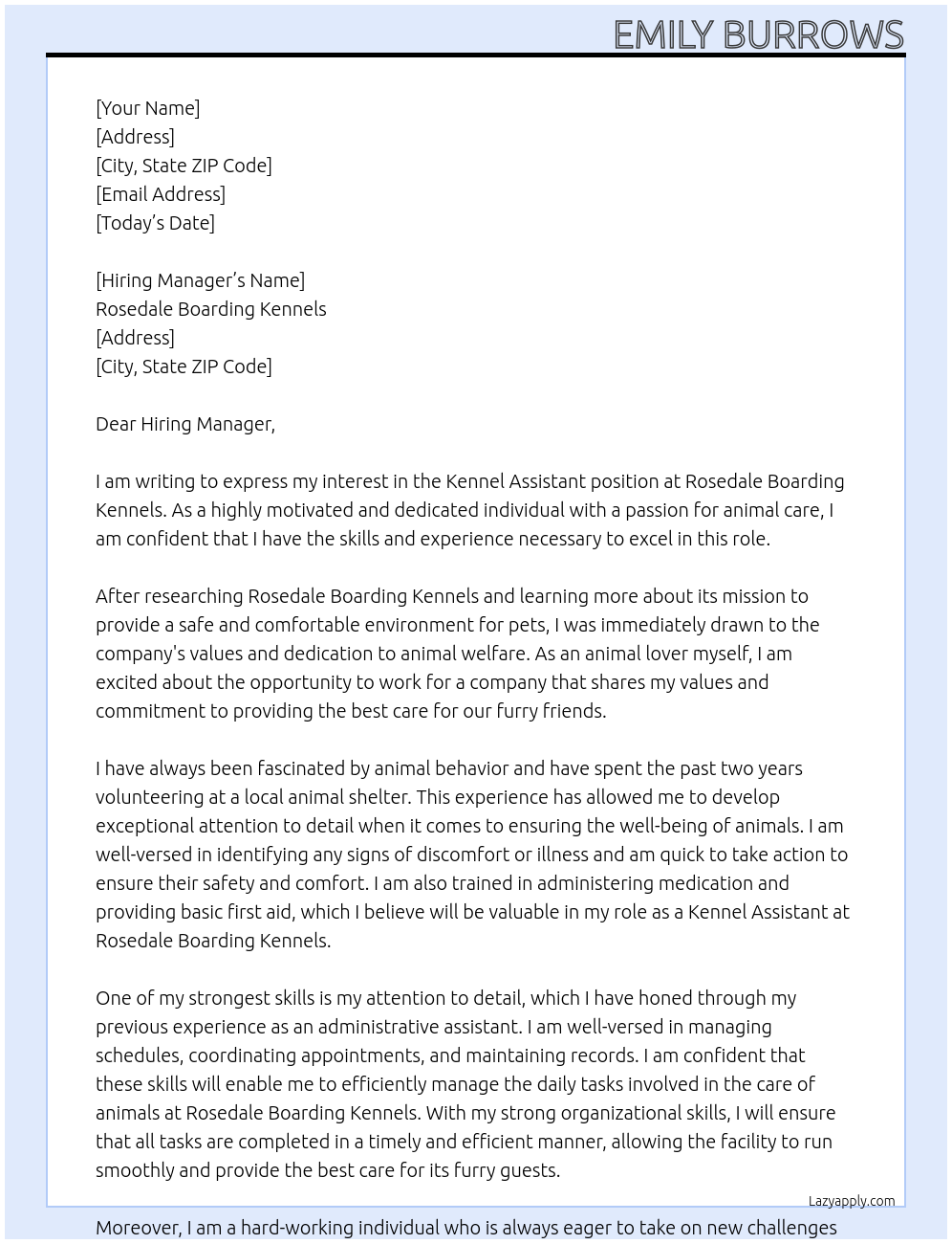 Kennel Assistant At Rosedale Boarding Kennels Cover Letter
