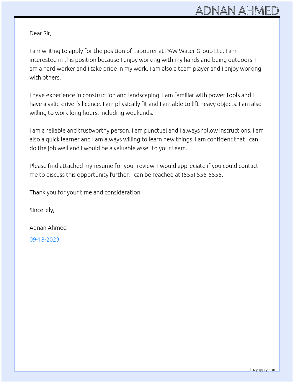 Labourer At PAW Water Group Ltd Cover Letter
