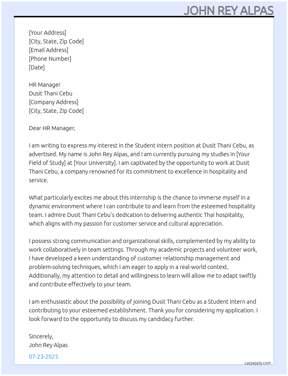 Cover letter for student intern - LazyApply