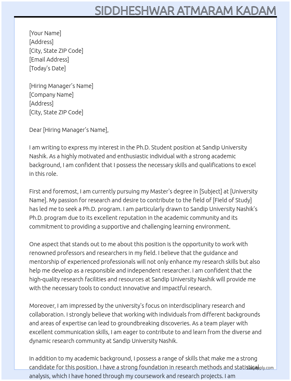 Ph.D. Student At Sandip University Nashik Cover Letter