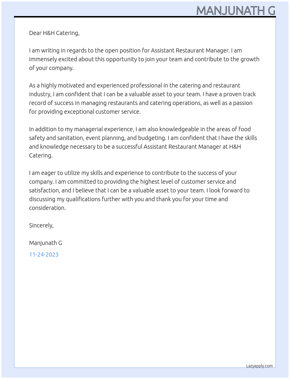 Assistant Restaurant Manager At Gold fish Cover Letter