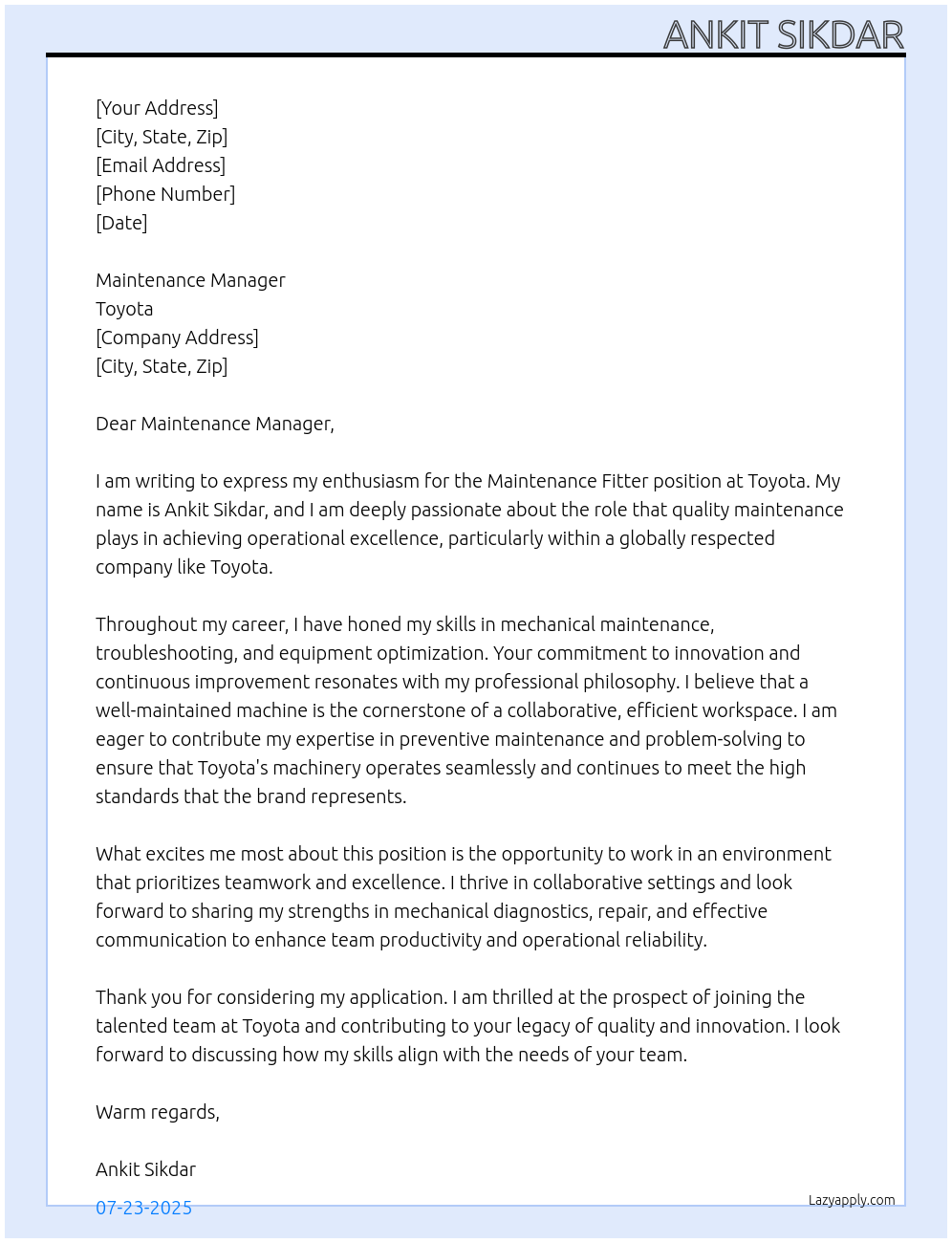 Maintenance fitter At Toyota Cover Letter