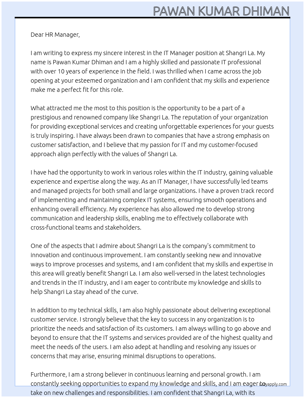 IT Manager At Shangri La Cover Letter