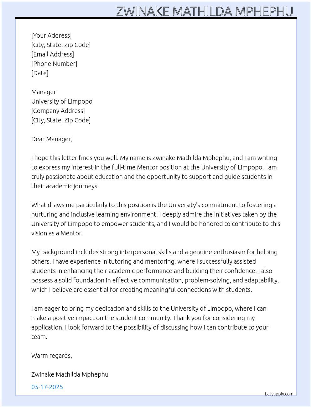 Cover letter for mentor - LazyApply