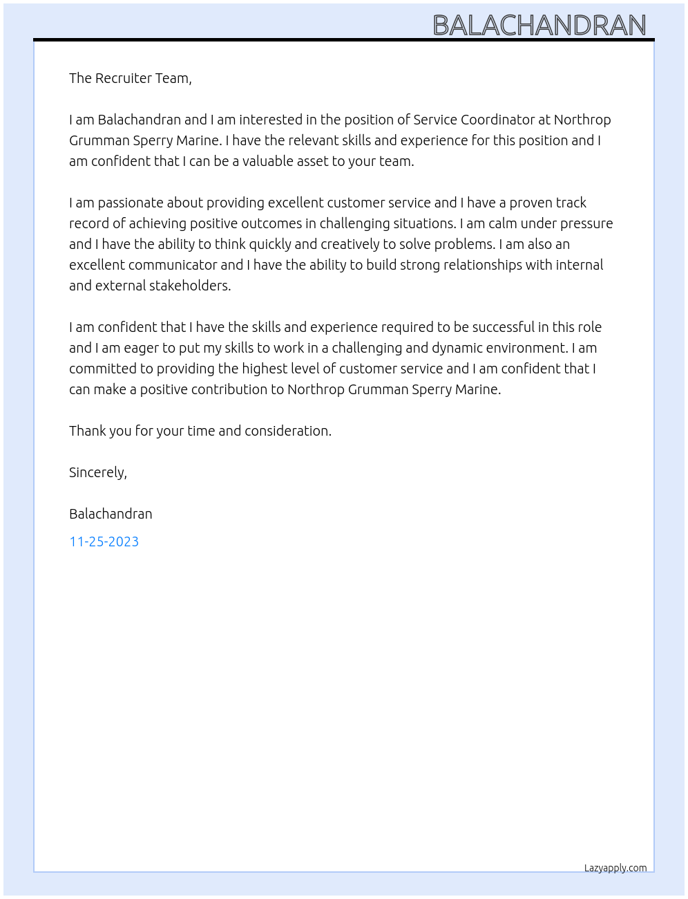 Service Coordinator  At Northrop Grumman Sperry Marine  Cover Letter