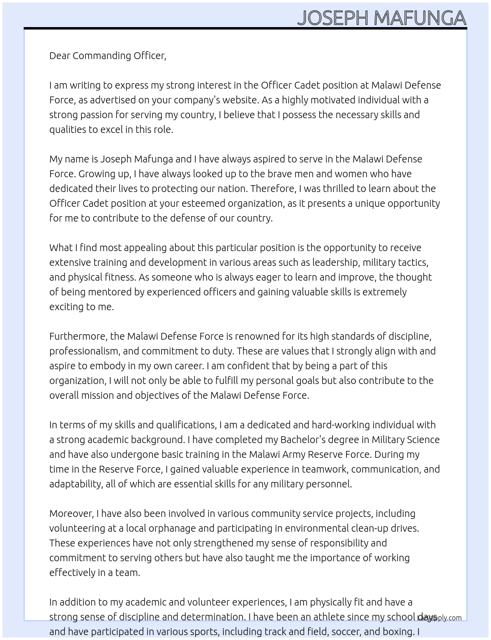 Officer Cadet At Malawi Defense Force Cover Letter