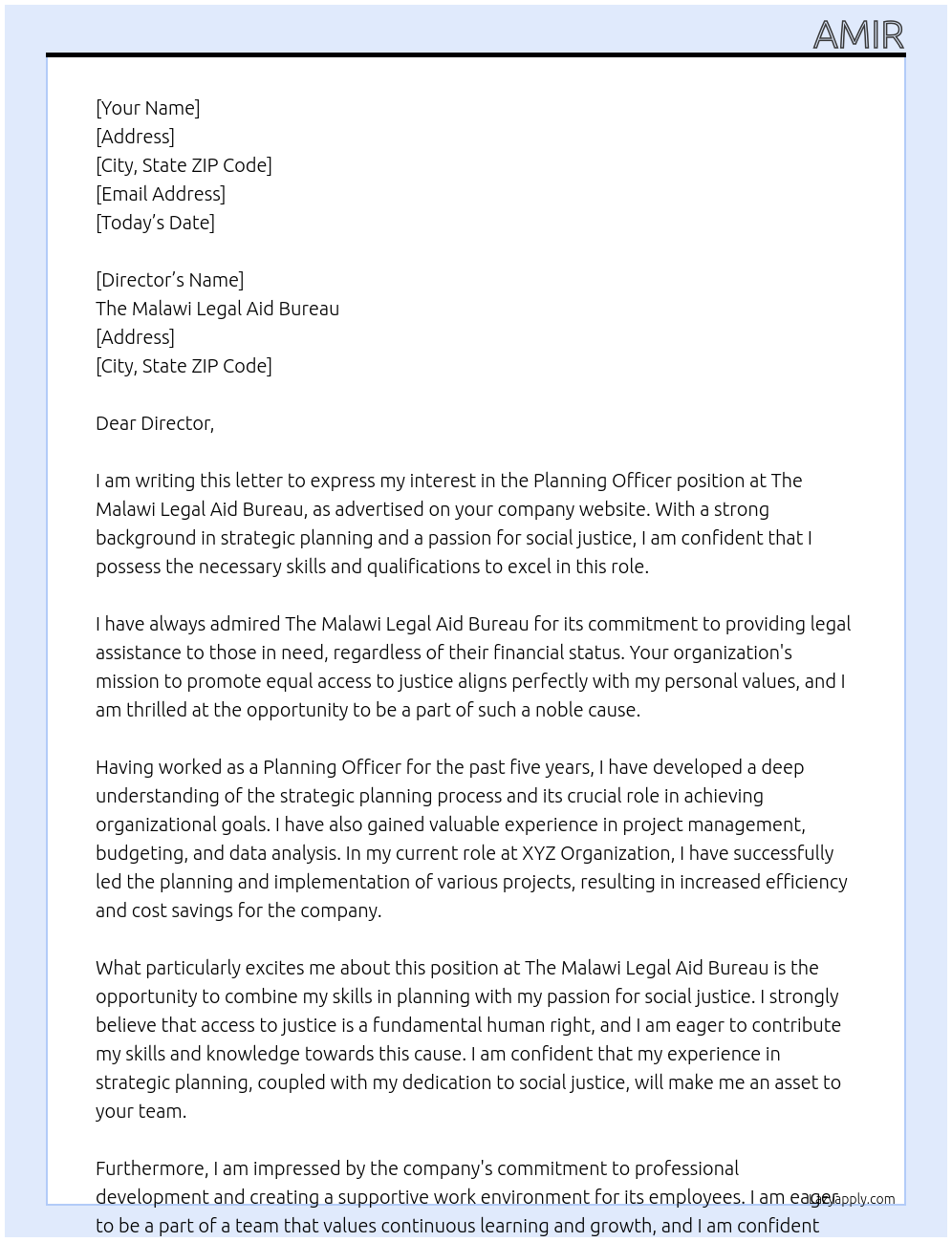 Planning officer At The Malawi Legal Aid Bureau Cover Letter