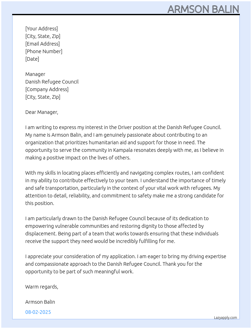 Driver At Danish refugee council Cover Letter