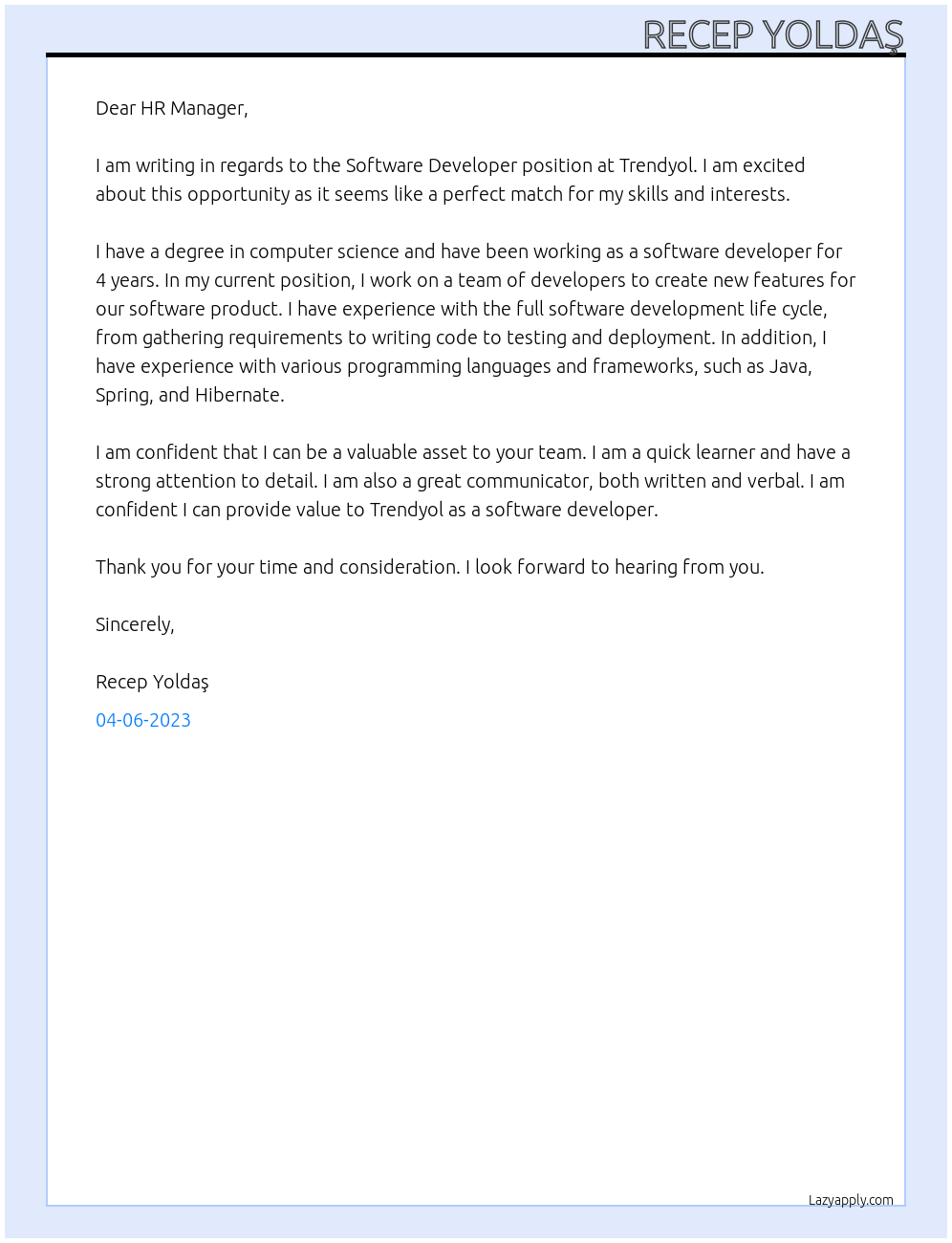 Software Developer At Trendyol Cover Letter