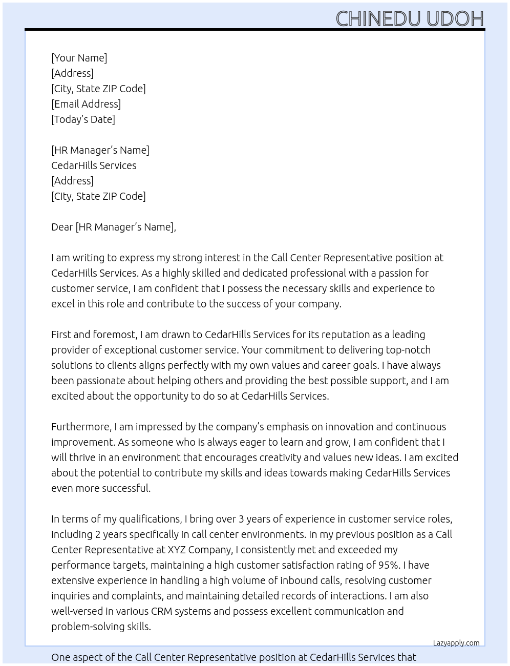 Call Center Representative At CedarHills Services Cover Letter