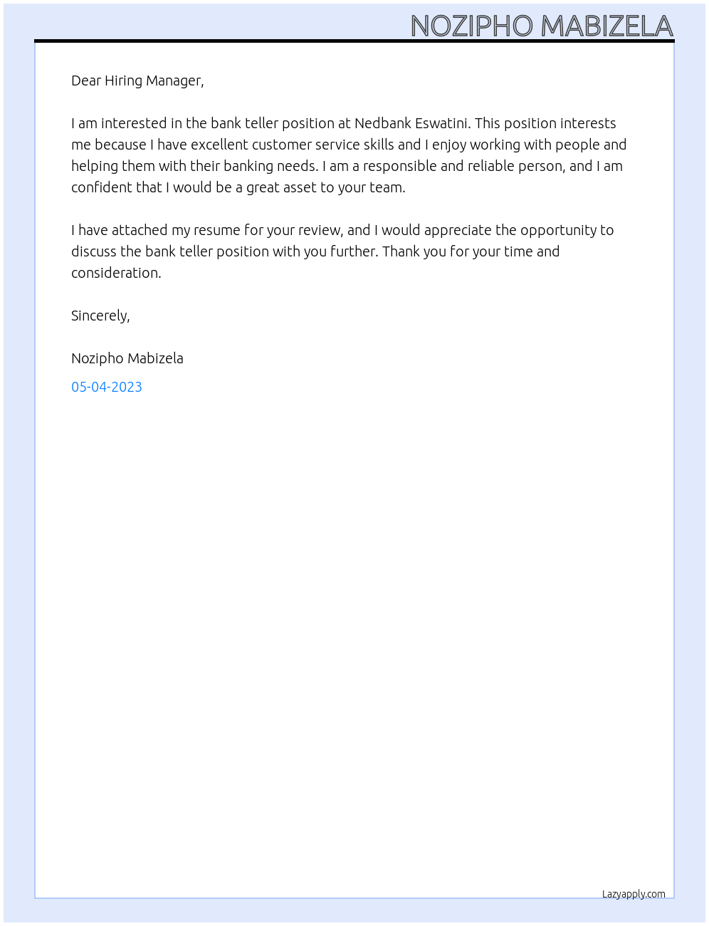 Bank teller At nedbank Eswatini Cover Letter