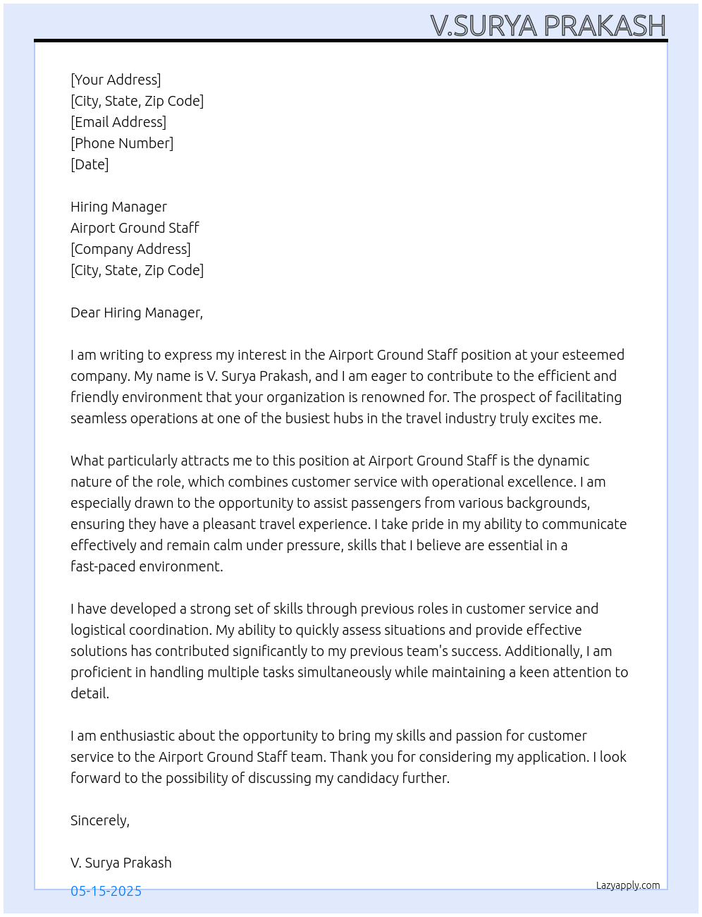 Airport ground staff At Airport ground staff Cover Letter