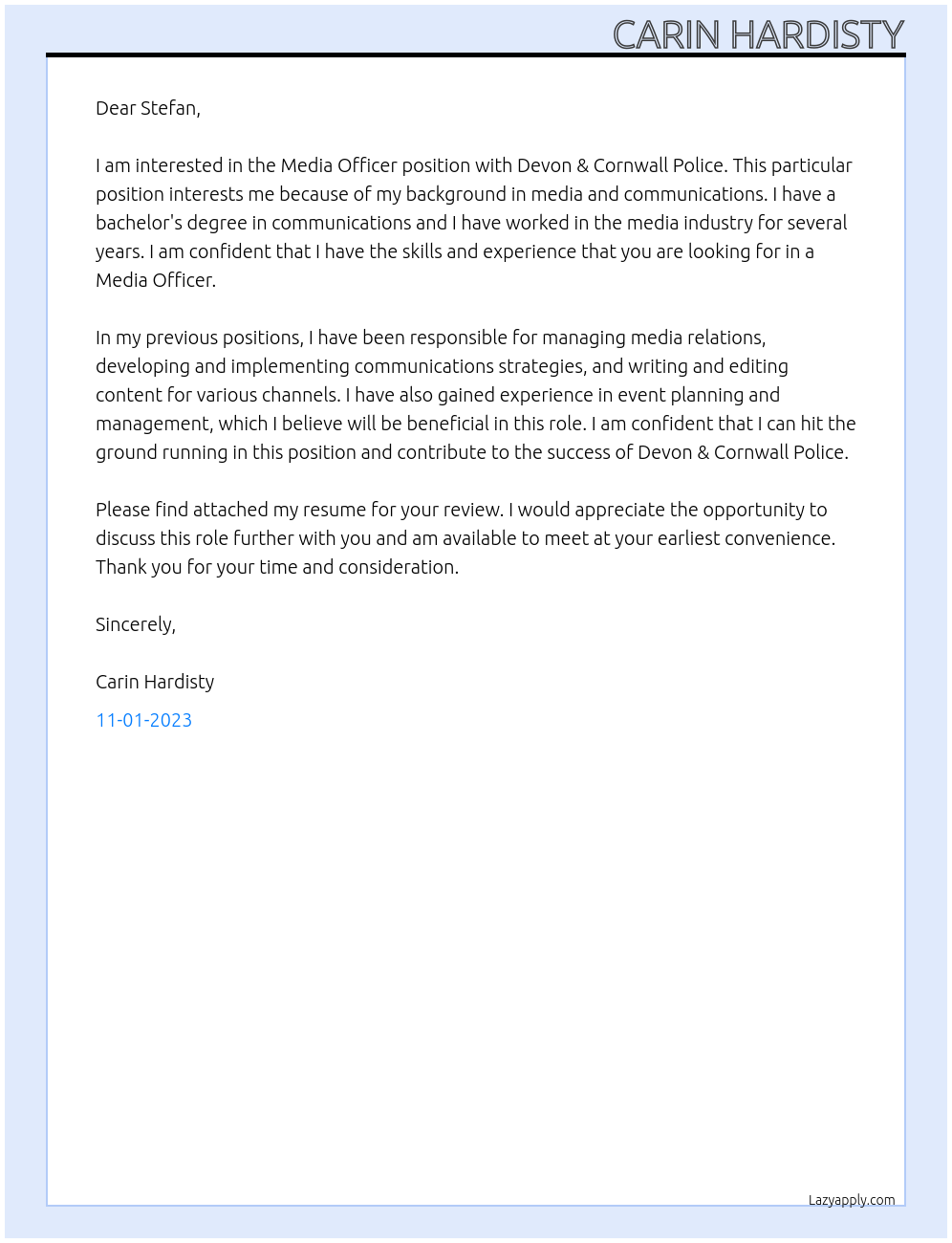 Media Officer At Devon & Cornwall Police Cover Letter