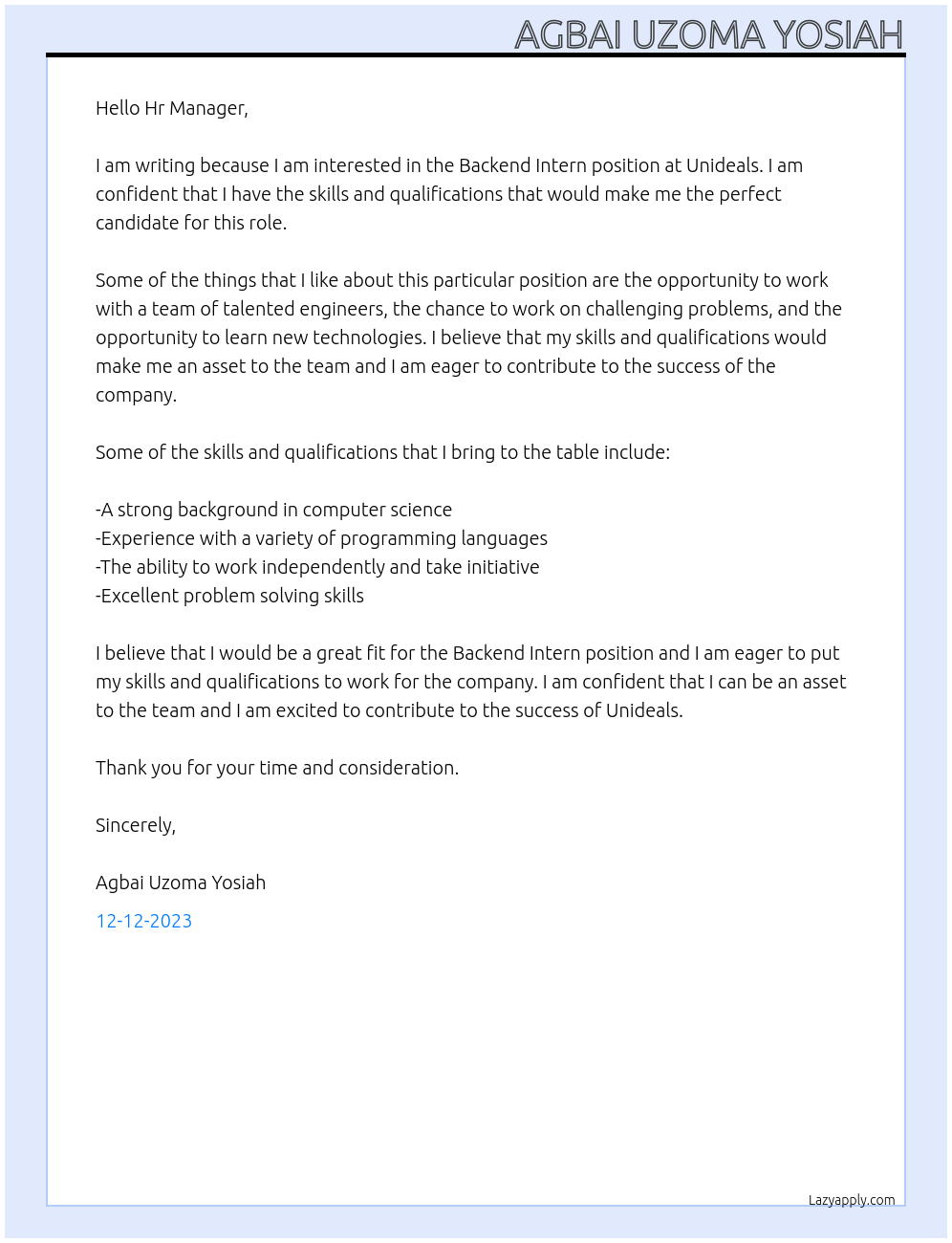 Backend Intern At Unideals Cover Letter