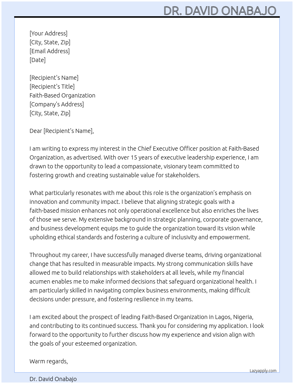 Chief Executive Officer At Faith Based organisation Cover Letter