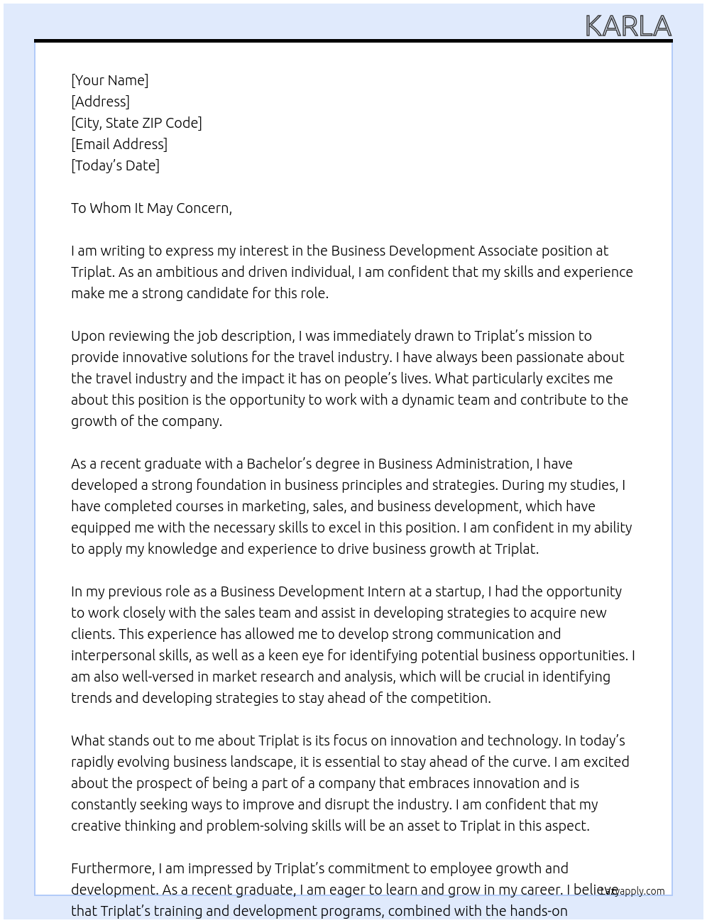 Business Development Associate At Triplat Cover Letter