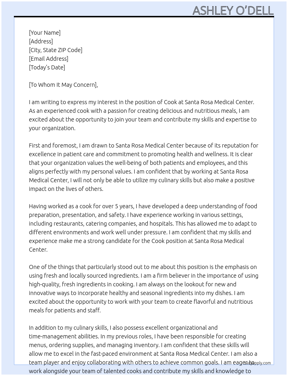 Cook At Santa Rosa Medical Center Cover Letter