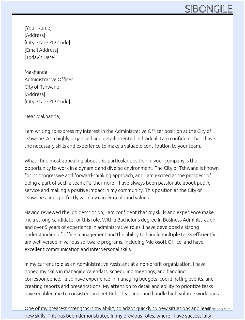 administrative officer At city of tshwane Cover Letter