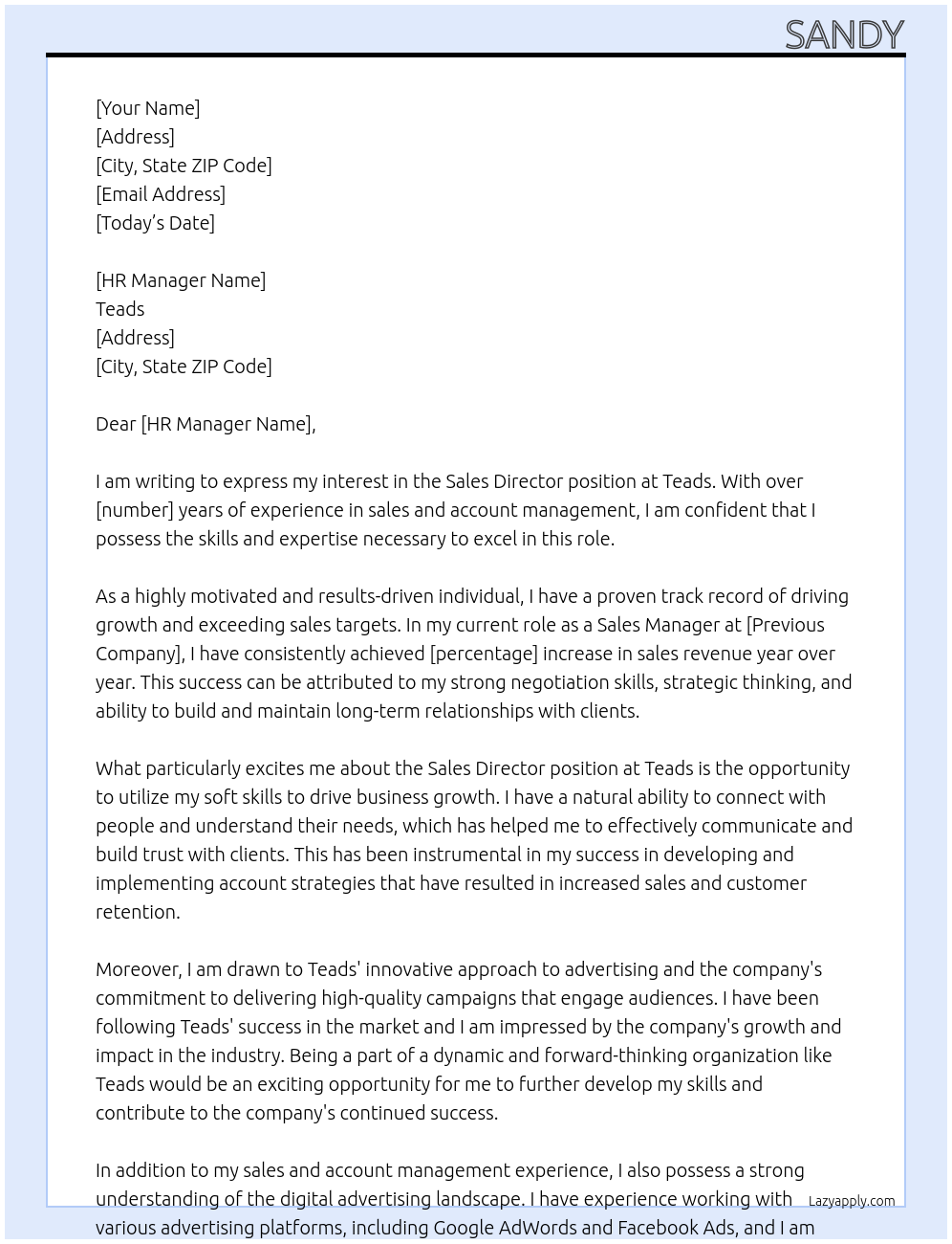 Sales Director At Teads Cover Letter