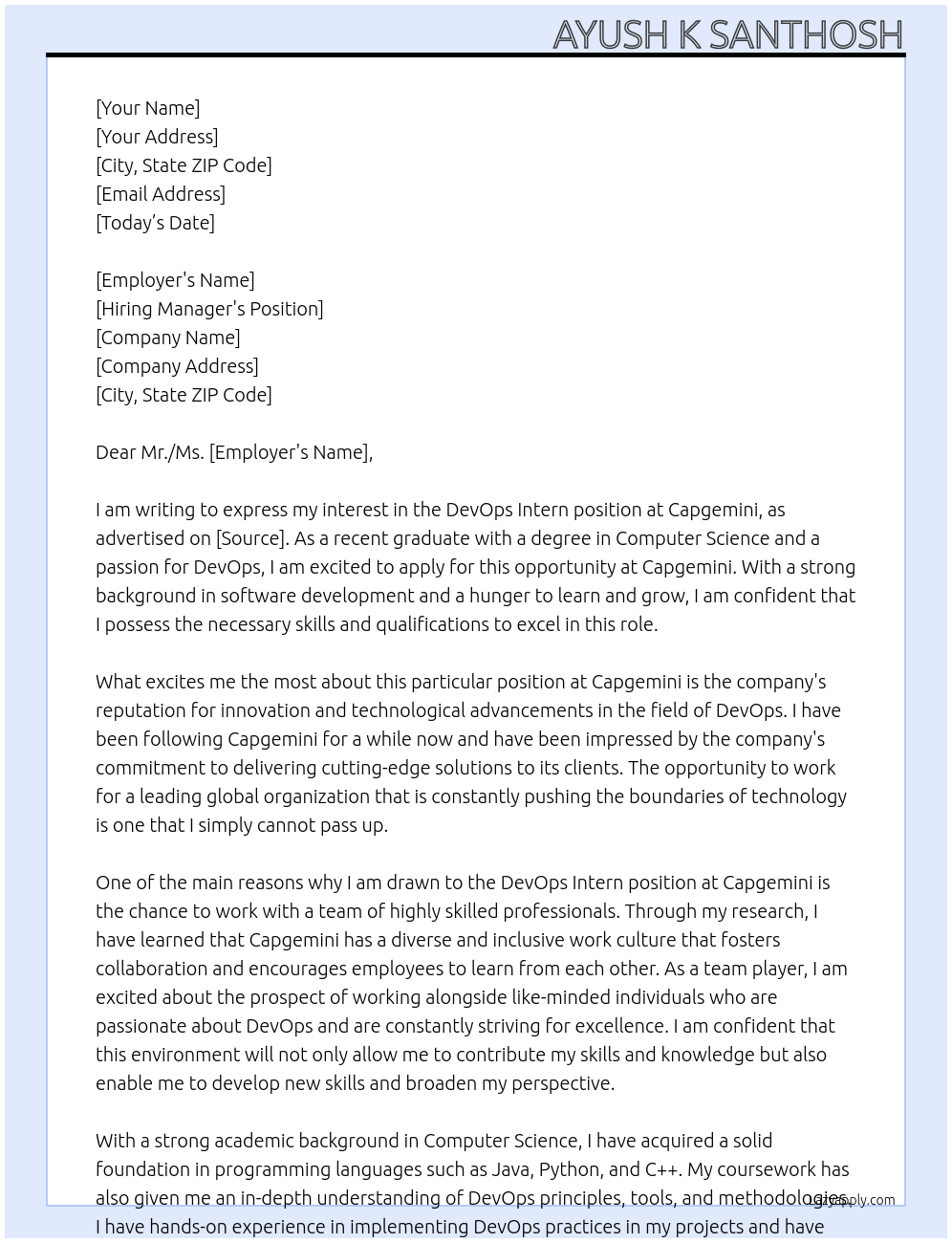 DevOps INTERN At CAPEGEMINI Cover Letter